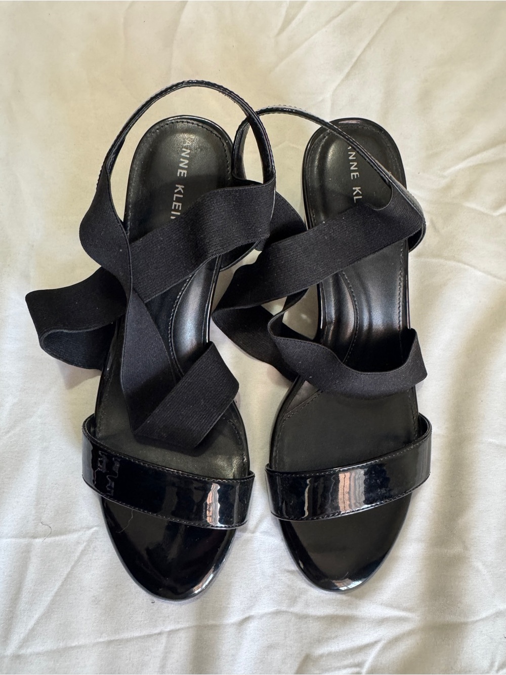 Anne Klein Black Patent & Elastic Crossover Slingback Sandals